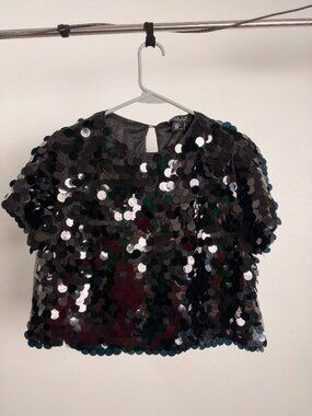 Rachel Zoe Black Sequin Short Sleeve Crop Top